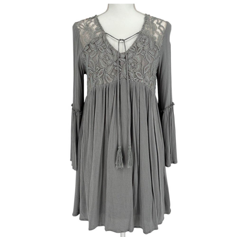 Altar'd State Lace Inset Boho Mini Dress Small Gray Bell Sleeve Tassel Tie Back